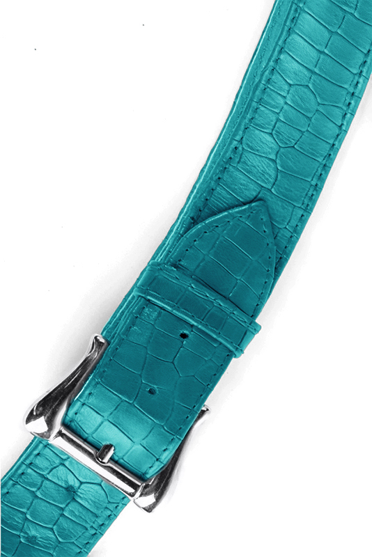 Turquoise blue women's dress belt, matching pumps and bags. Made to measure. Top view - Florence KOOIJMAN